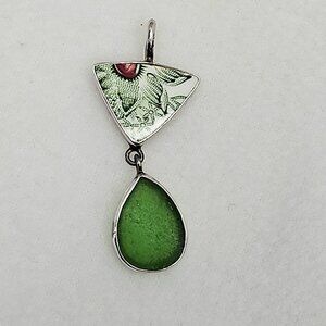Jessica Lee Sterling Silver JL 925 Green Ceramic Pottery Sea Glass Pendant Slide
